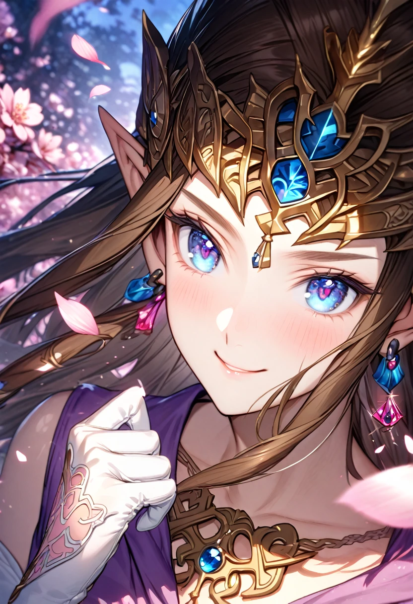 absurdres, highres, ultra detailed, HDR, master piece, best quality, extremely detailed, detailed face, Princess Zelda, dark brown hair, long hair, expressive blue eyes, The Legend Of Zelda Twilight Princess, solo, woman, beautiful, smiling, earrings, purple vest, white dress, sleeveless, long white gloves, accessories, fantasy, magical, cherry blossoms, pink flowers, pink petals, water, pink glittering butterflies 