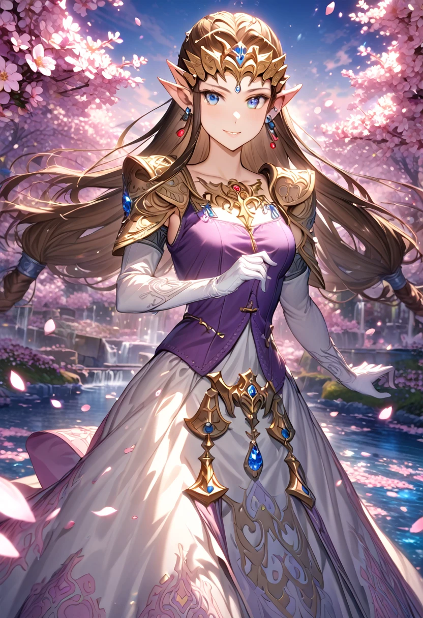 absurdres, highres, ultra detailed, HDR, master piece, best quality, extremely detailed, detailed face, Princess Zelda, dark brown hair, long hair, expressive blue eyes, The Legend Of Zelda Twilight Princess, solo, woman, beautiful, smiling, earrings, purple vest, white dress, sleeveless, long white gloves, accessories, fantasy, magical, cherry blossoms, pink flowers, pink petals, water, pink glittering butterflies 