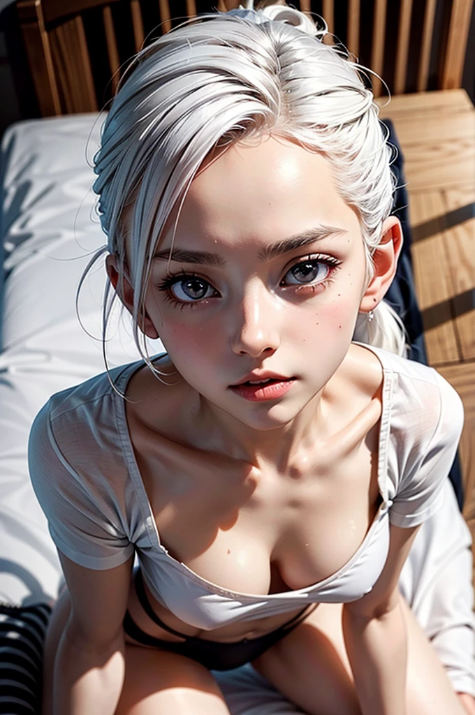 (Best Quality, masutepiece:1.2), 超A high resolution, Realistic, Front lighting, intricate detailes, Exquisite details and textures, 1girl in, Solo ,(年轻), Face Highlight, Upper body, Detailed face, Tear mole, White skin, Silver hair, Ponytail, Braid hair, Looking at Viewer, Big eyes, silk robe, (Hollow pattern, white, Silk), earrings, Small breasts, Slim body, luxury room, Professional Lighting, Photon mapping, Radio City, Physically-based rendering,Intensity between a man and a woman,gusty ,man and woman oral,,facial cum shot,Drenched body,Reluctant face,crying how bright,urinate,