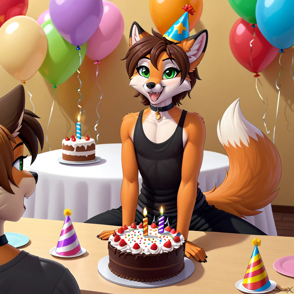 by sigma x, [by bnbigus], male, girly, solo, absurd res, (fox), brown hair, bright orange fur, black choker, ((black tank top, black baggy pants, party hat)), birthday party, green eyes, [young], sitting at table, birthday cake, happy, open mouth, detailed background