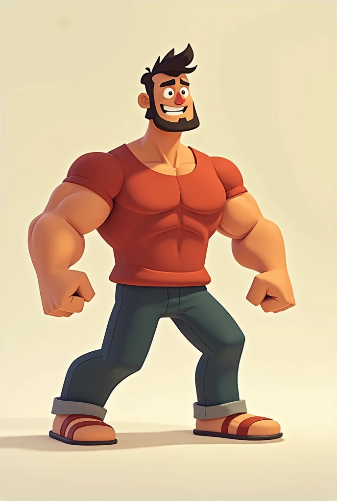 Animated fit guy is standing with unbuttoned trousers. 