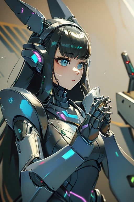 (masterpiece),(Highest quality),(Super detailed),(Best illustrations),(Best Shadow),(Absurd),(Detailed Background),(so beautiful), 16K, 8K, 4K,(Best Shadow),empty eyes,robotization,woman ,big bust,Robot Joint ,Metal skin,Black Suit,long hair,a black suit that covers the whole body,robot hand,cyber bodysuit,mecha head,cyborg eye,robotization, transforming into robot,(Detailed hands and fingers:1.2),plugging back head,robotic face,a robotic face line on the face