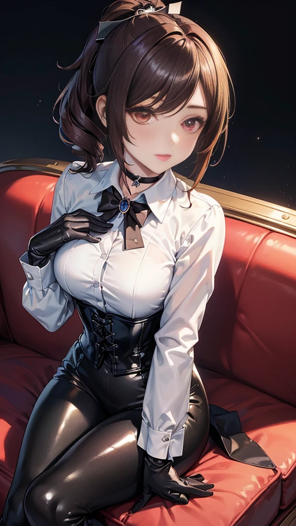 ((masterpiece)),(( The best quality)), (detailed), expressive eyes, (perfect face), 1 girl, (sitting on a sofa), (Chiori, genshin impact), (brown hair short ponytail), (red eyes, tender eyes, detailed eyes), (sensual lips), (showing a slight smile), (slim build), view from above, choker:1.6, hair ornament,  (White collar button-down shirt with white long sleeves), Black gloves, gloves that cover the hands, (black leather corset), (Black shiny leggings), (black boots), (mansion), night