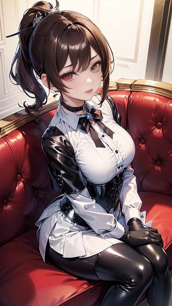 ((masterpiece)),(( The best quality)), (detailed), expressive eyes, (perfect face), 1 girl, (sitting on a sofa), (Chiori, genshin impact), (brown hair short ponytail), (red eyes, tender eyes, detailed eyes), (sensual lips), (showing a slight smile), (slim build), view from above, choker:1.6, hair ornament,  (White collar button-down shirt with white long sleeves), Black gloves, gloves that cover the hands, (black leather corset), (Black shiny leggings), (black boots), (mansion), night