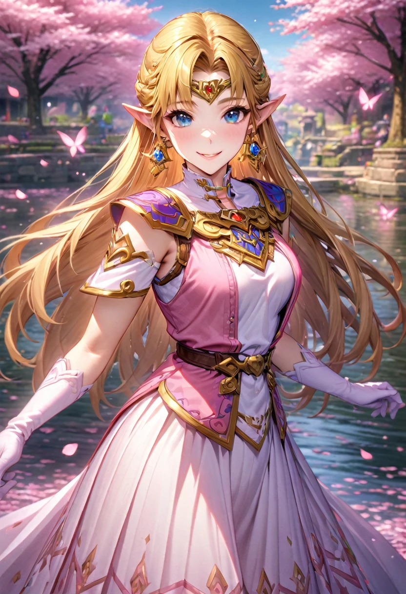 absurdres, highres, ultra detailed, HDR, master piece, best quality, extremely detailed, detailed face, Princess Zelda, blonde hair, long hair, expressive blue eyes, The Legend Of Zelda Ocarina Of Time, solo, woman, beautiful, smiling, earrings, pink vest, white dress, sleeveless, long pink gloves, accessories, fantasy, magical, cherry blossoms, pink flowers, pink petals, water, pink glittering butterflies