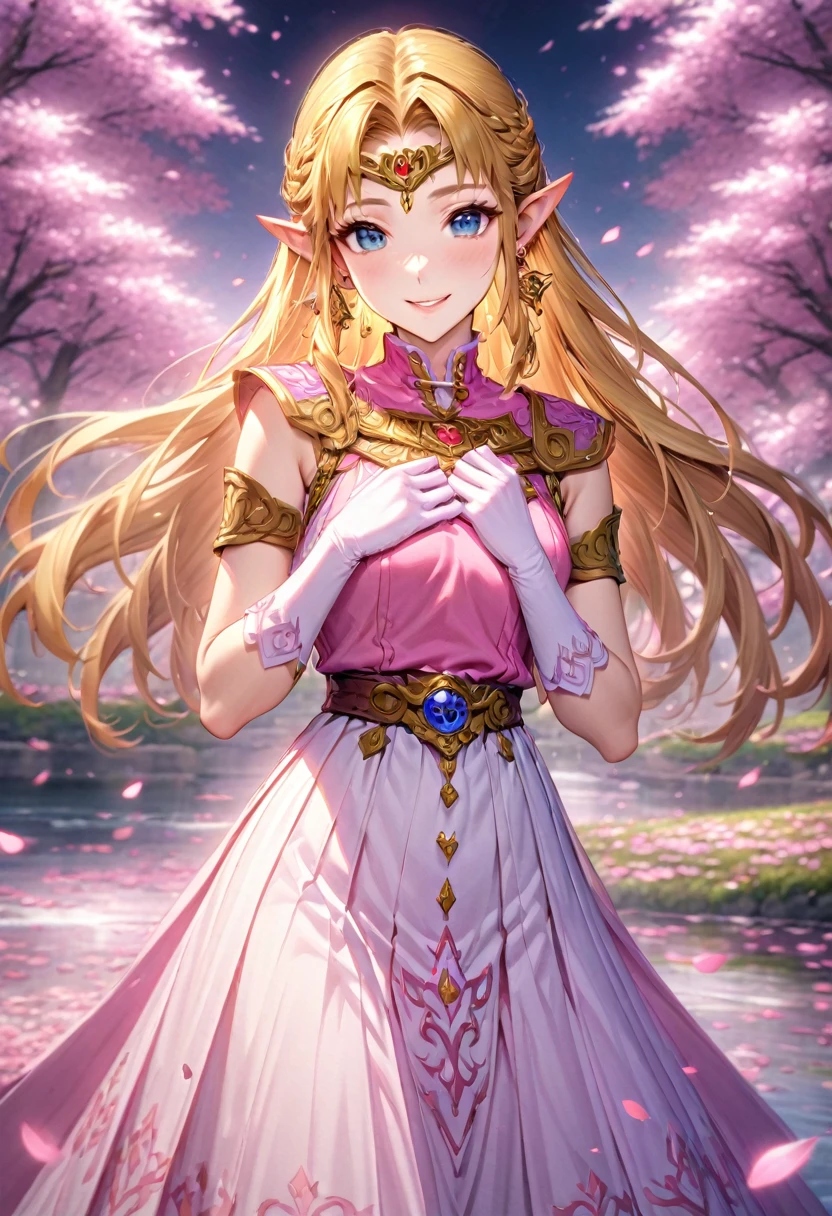 absurdres, highres, ultra detailed, HDR, master piece, best quality, extremely detailed, detailed face, Princess Zelda, blonde hair, long hair, expressive blue eyes, The Legend Of Zelda Ocarina Of Time, solo, woman, beautiful, smiling, earrings, pink vest, white dress, sleeveless, long pink gloves, accessories, fantasy, magical, cherry blossoms, pink flowers, pink petals, water, pink glittering butterflies