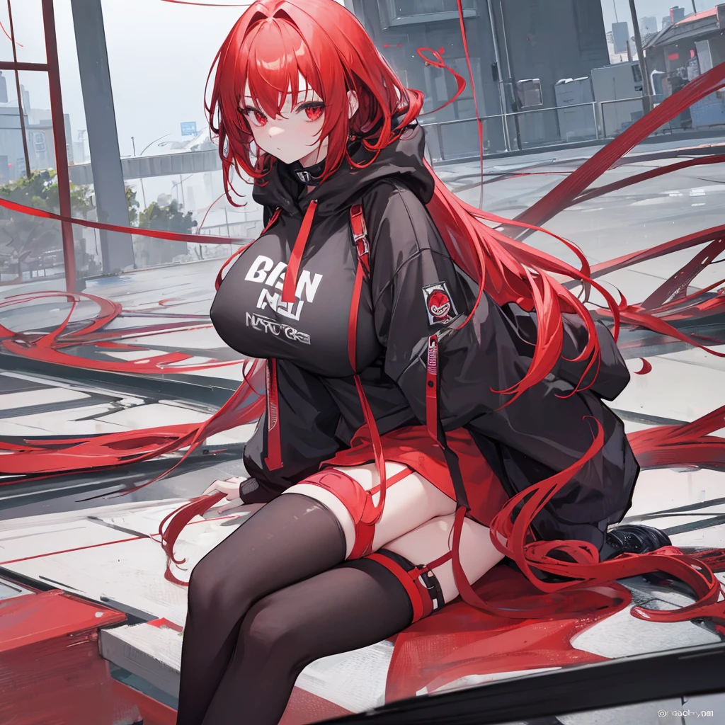 female human, restrained tightly with rope, (arms tied behind), (legs bound to the floor), (gagged), (helpless), crimson hair, black hooded jacket, black shirt, black shorts, tights socks,