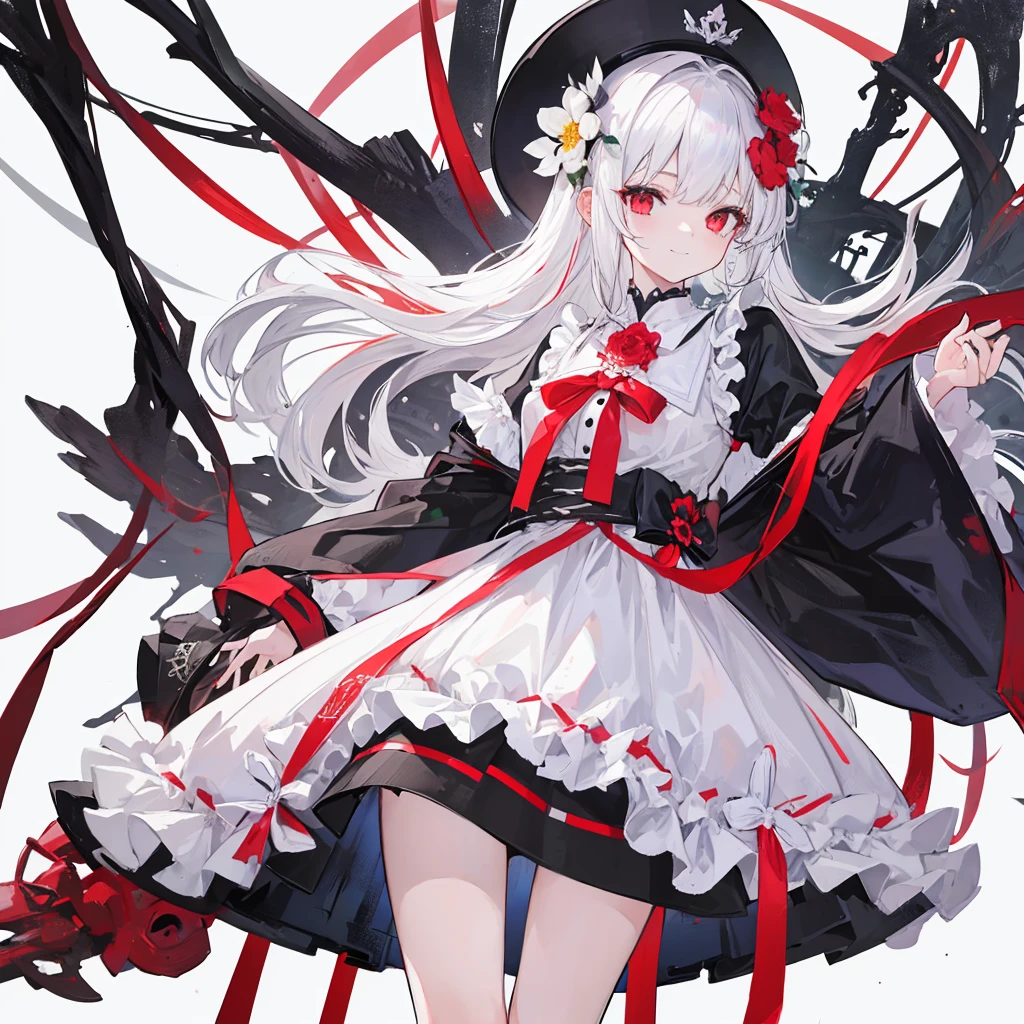 masterpiece, (best quality:1.1), (1girl), solo, cowboy shot, (illustration:1.1), field of depth, (extremely fine and beautiful:1.1), (black trench coat + beautiful detailed black vest + white shirt:1.1 + black tie + black skirt + black flower on head + black gloves), (white_hair + medium_hair + wavy_hair), (red eyes:1.1),small_medium breasts, eyelashes, , pale skin, evil smile, beautiful detailed fallen small city + detailed ruin, many object, beautiful and clear background:1.2, renegade, evil, ((Red butterflies flying|around the character:1.3 + red light particles:1.15), ((perfect magic circle:1.3)), many object