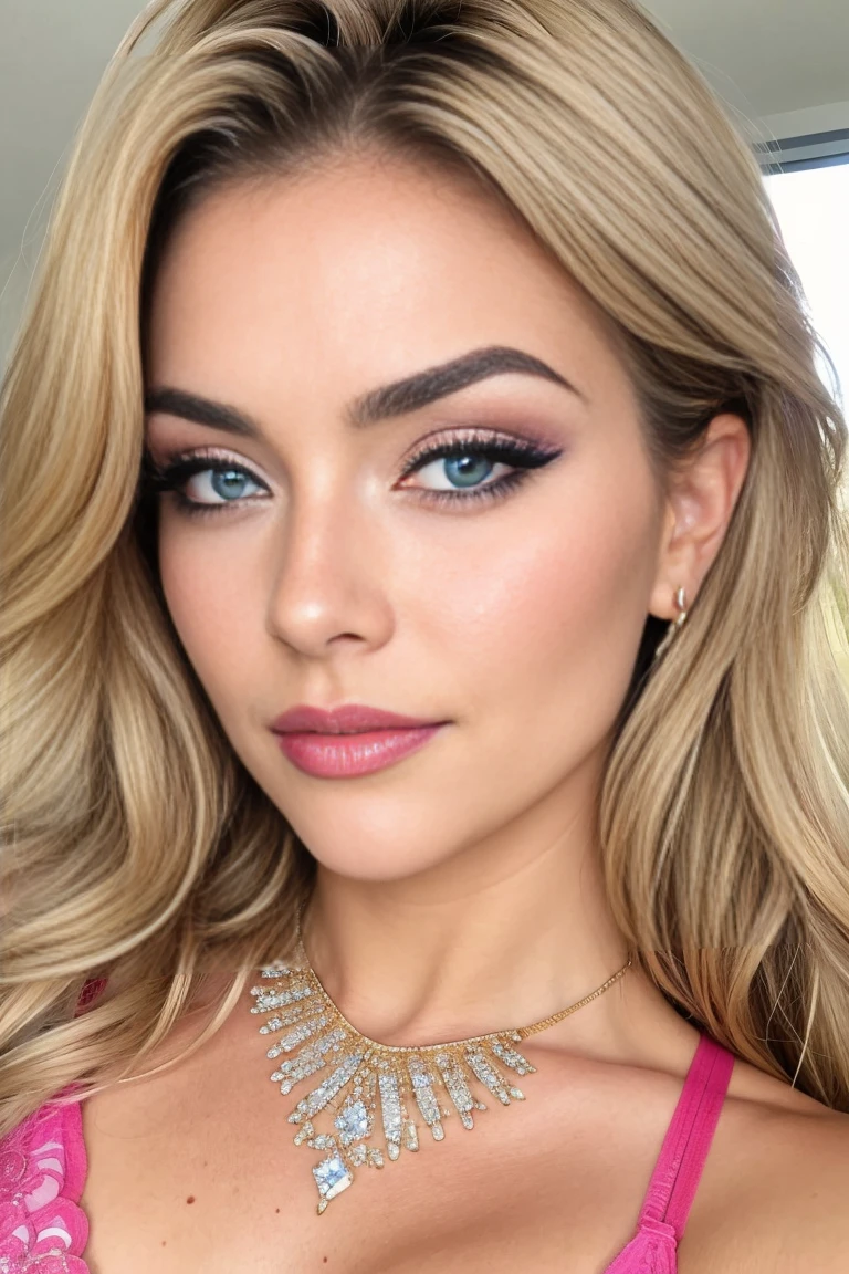 blonde woman, beautiful face, blue eyes, perfect eyebrows, full lips with glitter,highly detailed,neckline,Pink bra,  beautiful taking realistic selfie