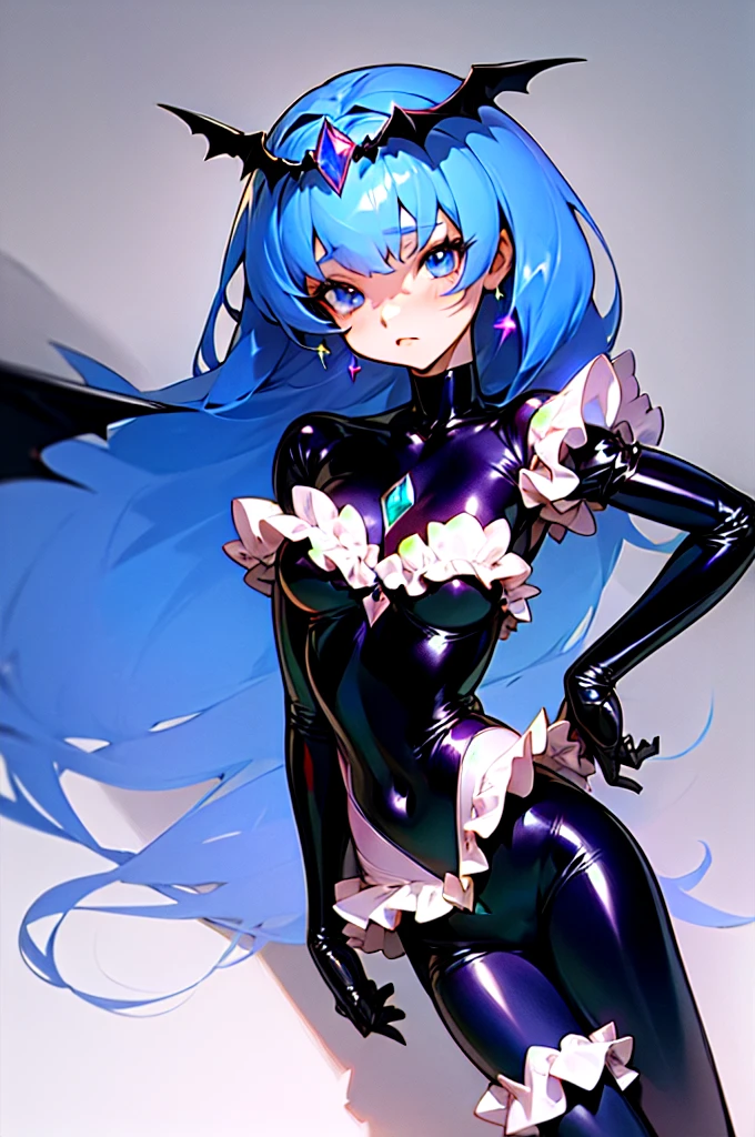 bodysuit, batwing tiara, long puffy sleeves, frills, latex, black latex bodysuit, very short plated skirt, bat wing hair ornaments, gem on breast,Bad_End_Beauty, blue eyes,