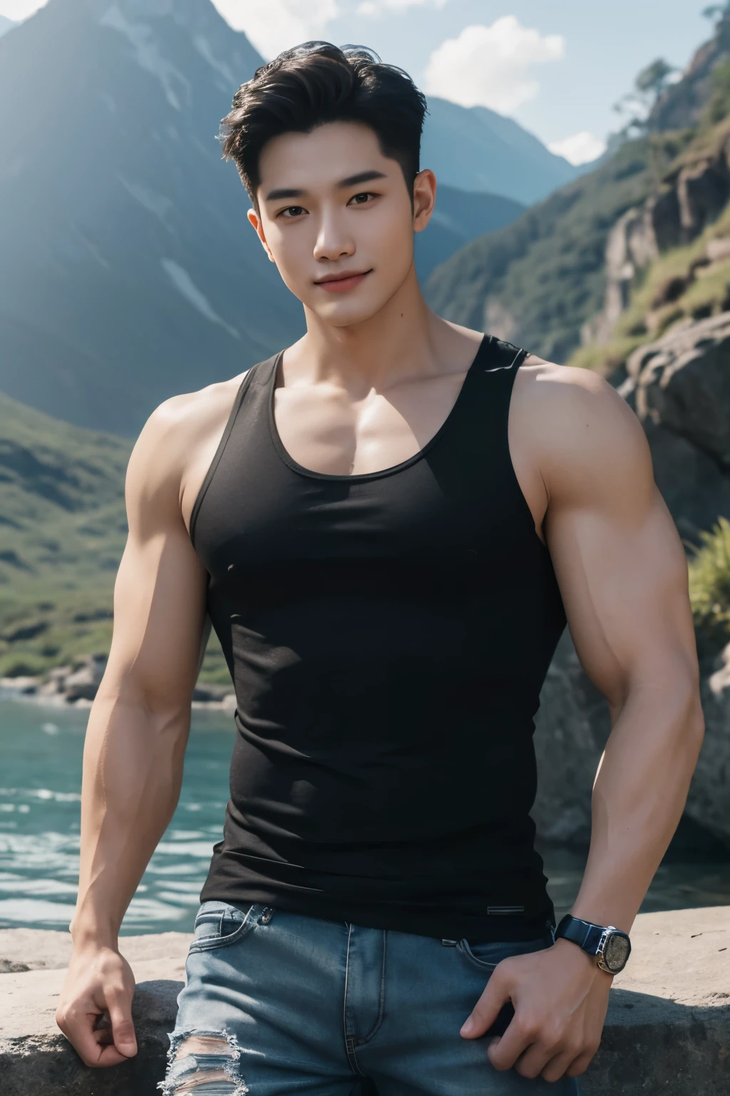 Vietnamese muscle man, Detailed undercut, Tight T-shirt , quiet, Jeans, Take the whole body, Walking posture :: Manly, Look at the camera, (Make eye contact), manhood posture, Manly deportment, Have morals, masculinity, manhood, very detailed facial parts, very detailed neck, Manly, waterfall background, happy expression, professional photos, soft focus, ( raw photos, best quality, Masterpiece:1.2), very detailed, Ultra high resolution, perfect anatomy, ส่วนของร่างกายที่very detailed, The body is very symmetrical., Asia, 18 years old, Highly detailed, detailed face, Detailed eyes, proportional eyes, very detailed mouth, Leaky abdomen :: very detailed, thin, small waist, realistic, human skin, นิ้วที่very detailed, handsome chad chin, Be a man, human skin, handsome, charming, Highly detailed RAW color photo, depth of field, Photo taken from the front, perfect composition, very detailed hands, very detailed fingers