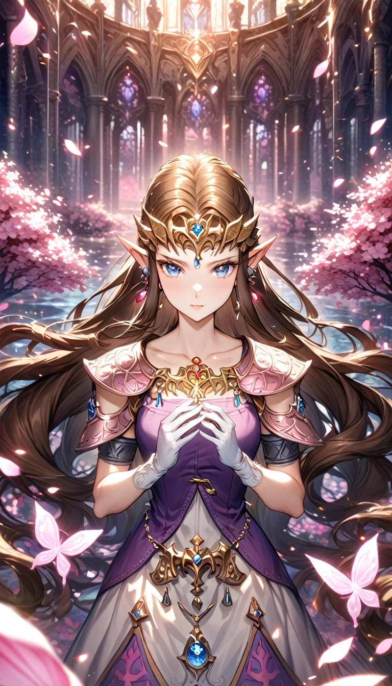 absurdres, highres, ultra detailed, HDR, master piece, best quality, extremely detailed, detailed face, Princess Zelda, dark brown hair, long hair, expressive blue eyes, The Legend Of Zelda Twilight Princess, solo, woman, beautiful, earrings, purple vest, white dress, sleeveless, long white gloves, accessories, fantasy, magical, cherry blossoms, pink flowers, pink petals, water, pink glittering butterflies