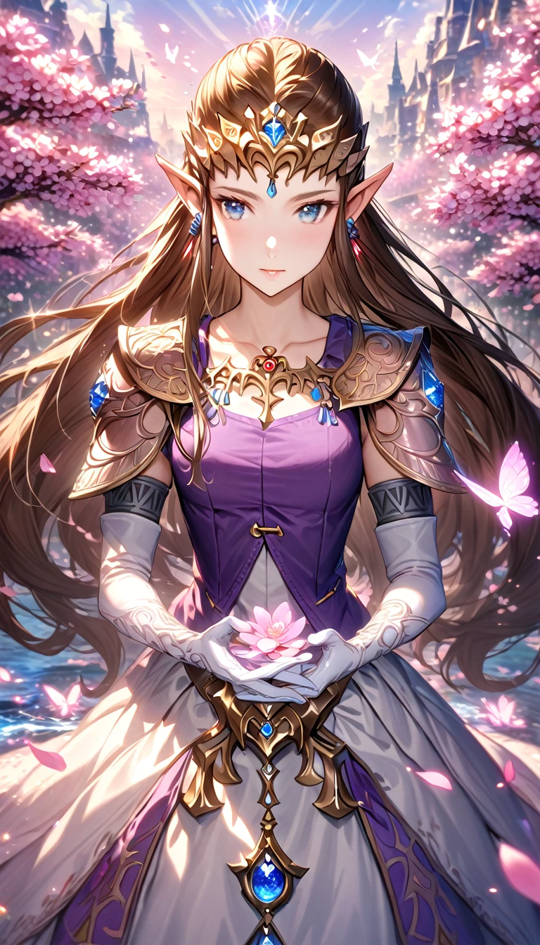 absurdres, highres, ultra detailed, HDR, master piece, best quality, extremely detailed, detailed face, Princess Zelda, dark brown hair, long hair, expressive blue eyes, The Legend Of Zelda Twilight Princess, solo, woman, beautiful, earrings, purple vest, white dress, sleeveless, long white gloves, accessories, fantasy, magical, cherry blossoms, pink flowers, pink petals, water, pink glittering butterflies