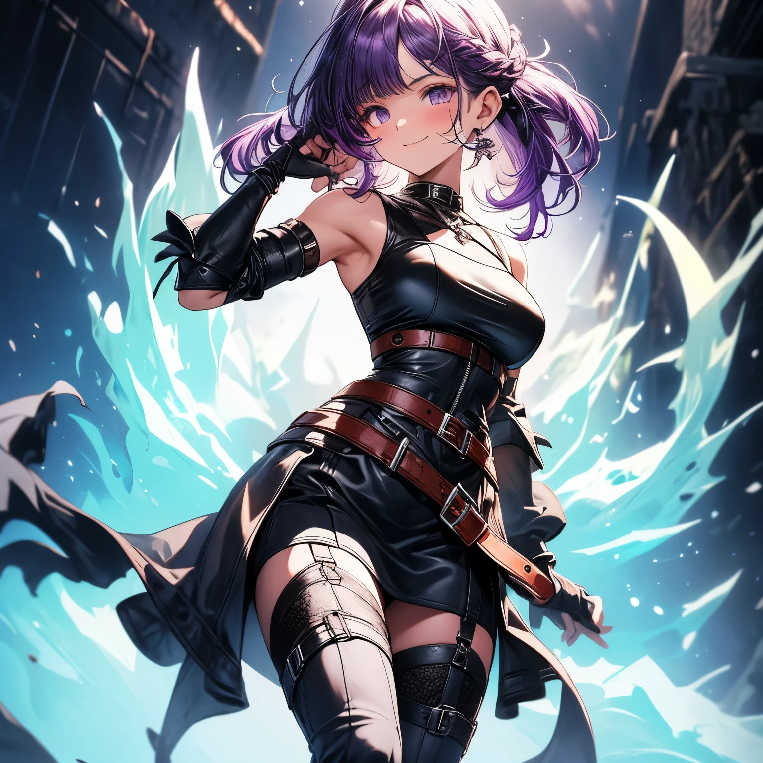 4K、high quality、Elf、dark Knight、female、My heart was stained with darkness、全身黒色のdark Knightの衣装、walk、Black Cape、Well-proportioned face、Sharp Eyes、Short Hair、Light purple hair、bright blue eyes、With a bow、Orange aura、Large Breasts、Low exposure、Makai no Mori、from the front、Full body portrait、There is a little distance、Drought grey ground