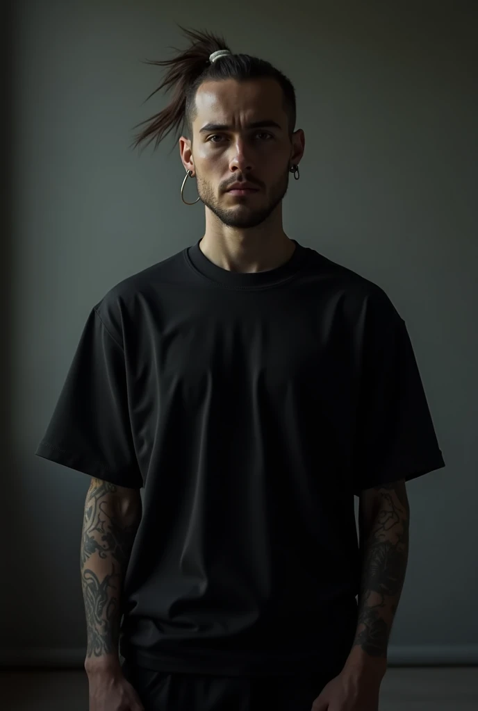 Generate an image in cinematic black and white, a young man wearing a black loose tee shirt in a street . Include a textured on the wall in the background. photograohic illumination, ultra 8k quality , inclusw some small tattoos on the left arm
