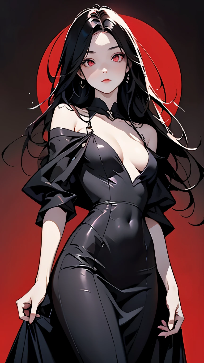 masterpiece, Score_9, Score_8_up, Score_7_up, front view, 1 woman, alone, black hair with red, long hair, parted bangs, dark red eyes, half-closed eyes, parted lips, expressionless, pale skin, large breasts, body suit, black bottom, best quality, horns up, long open bangs, black sleeveless shirt, black V-neck, red baggy pants, high heels.
