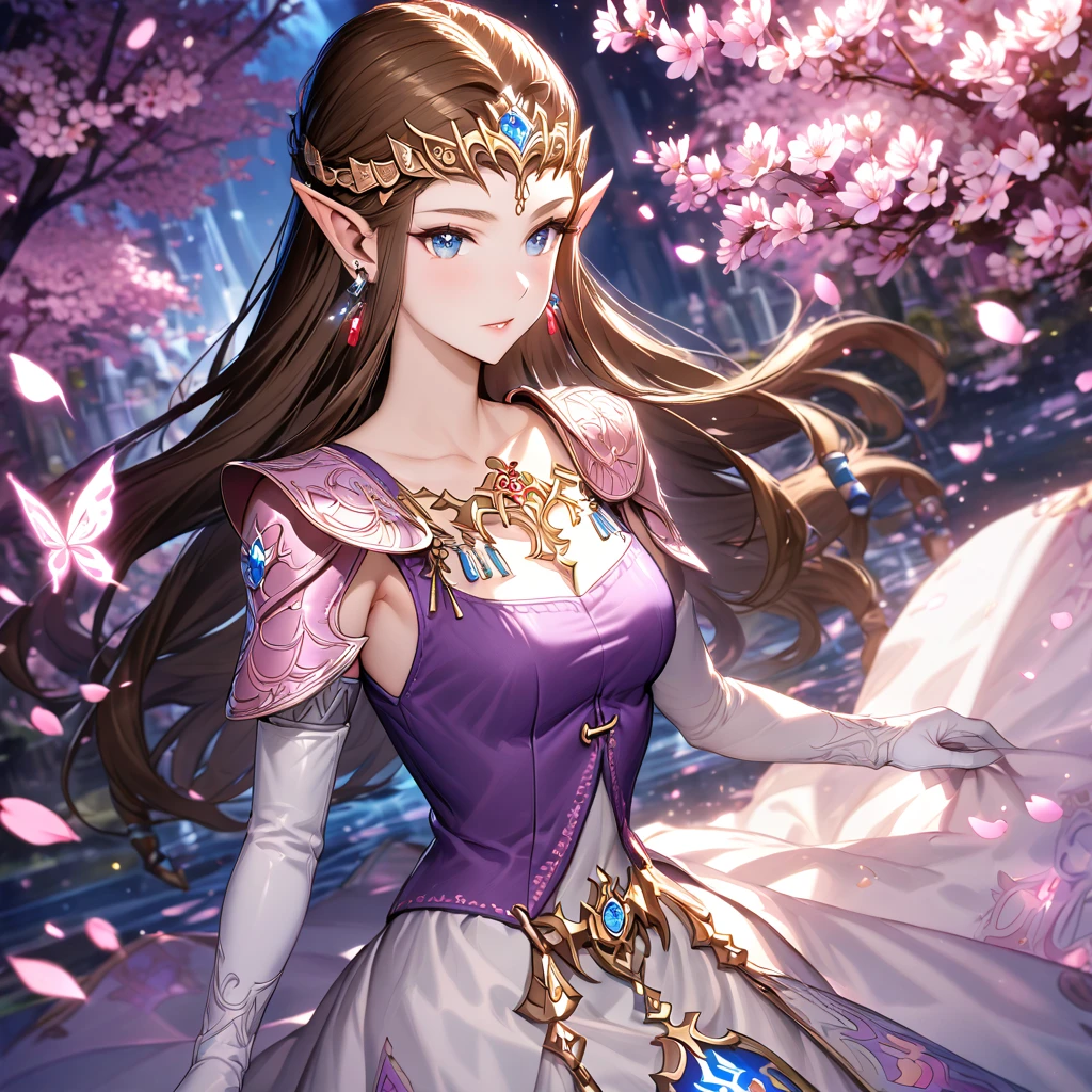 absurdres, highres, ultra detailed, HDR, master piece, best quality, extremely detailed, detailed face, Princess Zelda, dark brown hair, long hair, expressive blue eyes, The Legend Of Zelda Twilight Princess, solo, woman, beautiful, earrings, purple vest, white dress, sleeveless, long white gloves, accessories, fantasy, magical, cherry blossoms, pink flowers, pink petals, water, pink glittering butterflies