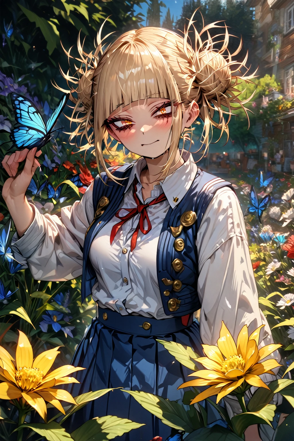 absurdres, highres, ultra detailed, HDR, master piece, Toga Himiko, ash blonde hair, expressive yellow eyes, school uniform, red ribbon, blue skirt, sexy woman, best quality, Boku No Hero Academia, solo, sensual, glittering, accessories, garden, flowers, extremely beautiful, blue sky, glittering eyes, blue butterfly