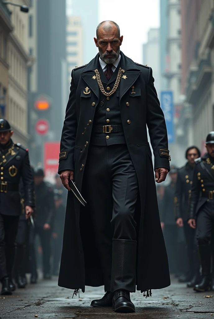 Adult male revolutionary leader wearing an eyepatch over his left eye, Wearing a long black coat, With a beard, Carrying a gun, He would have troops behind him, Charismatic, Powerful and very dangerous