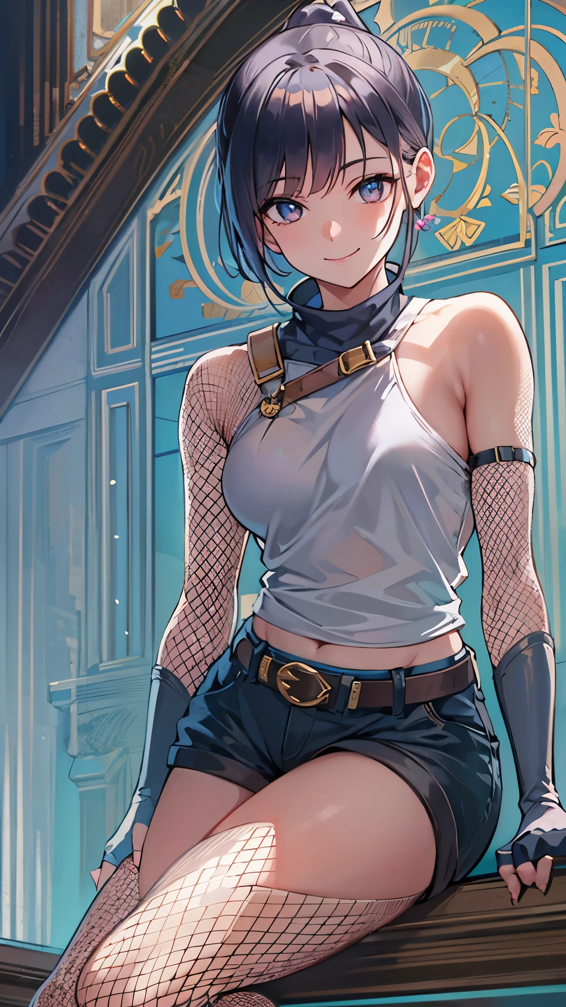 (((Masterpiece))), (((Best Quality))),Ultra High Resolution, Caustics, Detailed, (Beautiful Detailed Eyes),Perfect Anatomy, nsfw, (1 girl), intricate details, chromatic aberration), (realistic), (skin), ((breathe)), (purple multicolor hair, bob cut, dull bangs, hair cover one eye), fine hair, blue highlights, small earrings, clear eyes, purple eyes, choker, ((black crop top, thin material, mini skirt)), open waist, (symmetrical eyes), (perfect symmetrical body), night, (((Natural light))), Backlight, dim lighting ,look at the audience, (((center shot, From before, face and waist))), (big breasts), cleavage, long thin material sleeves, ponytail with two wisps front, sexy cloth