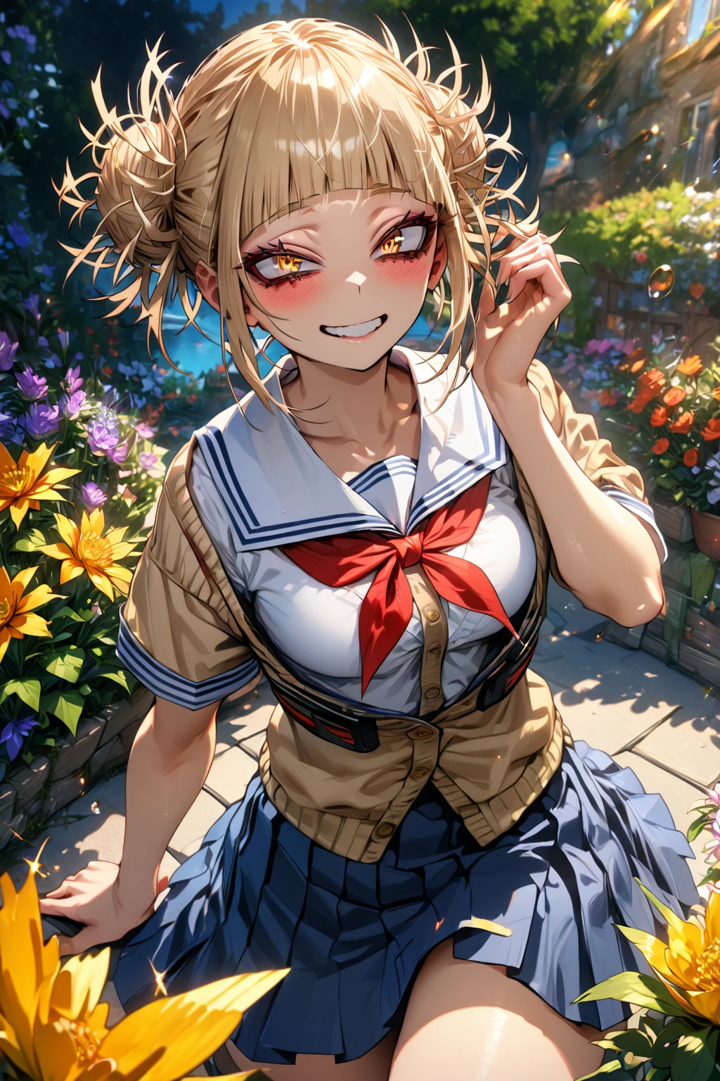 absurdres, highres, ultra detailed, HDR, master piece, Toga Himiko, ash blonde hair, expressive yellow eyes, school uniform, red ribbon, blue skirt, sexy woman, best quality, Boku No Hero Academia, solo, sensual, glittering, accessories, garden, flowers, extremely beautiful, blue sky, glittering eyes, smiling