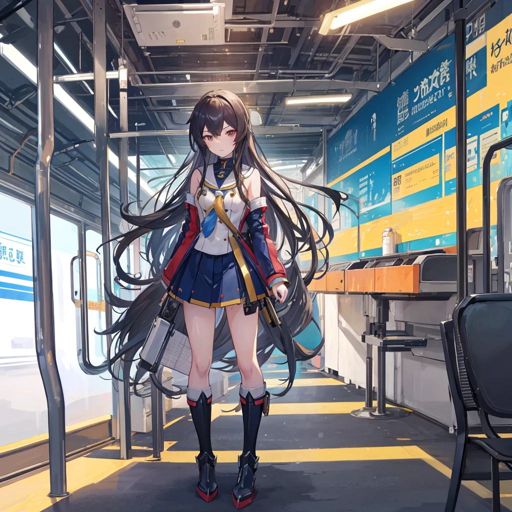 perfect anatomy, longly cute 1girl wearing mopdress and mopcap, taking a ticket standing on the railway to waiting something, sc-fi and wi-fi mixed style waifu, 2023s anime style, train is coming from back, backlight, glow the shaped, who running, by vania600 --auto --s2
