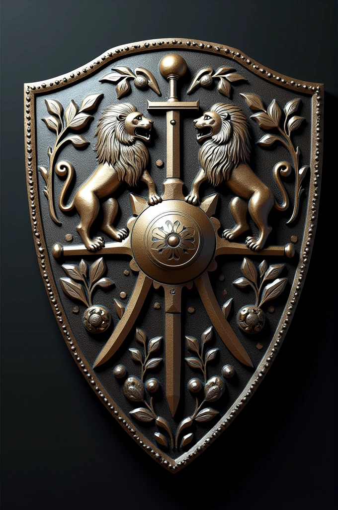 Metal shield with lions, swords and fruit of the olive tree of the family from the year 1500 (discovery of Brazil, with the name Oliveira Family, Portugal and Brazil