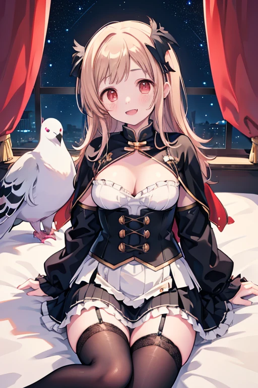 Sakuragi Mano,　vampire, mega breasts,　(Black knee socks),　Garter belt,　Black fish tale skirt,　((Starry Sky)),　Absolute territory,　Red eyes,　smile, ((fangs)),　　midnight,　　Princess,　　Fluffy,　Healing,　　Hair accessories,　　Red Cape,　corset,　gold trim, star print,　bedroom, black gloves,　sitting on a bed, frill,　((pigeon)), ((feathers)),　brooch, (hugging a sttuffed bird toy),　crew neck,