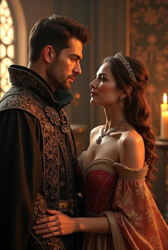 ((obras maestras)), mejor calidad, outstanding illustration, (((A couple seeing each other))), enfoque suave, (((1 chico de cabello negro corto))) (((ojos azules))) (((ropa de mago oscuro))), (((1 chica de (((Pelo rojo))) largo rizado))) (((ojos dorados))) (((vestido de novia BLANCO elaborado y hermoso))), Ropa victoriana, Victorian and magical romanticism, ambiente opulento y exquisito, Soft light and warm lighting. wet rain, wet dress, wet skin, water