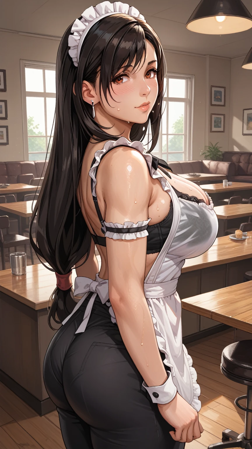 1girl, tifa Lockhart, (maid outfit), see through, large breasts, cleavage, large ass, curvy body, POV, close shot, from the front, full body, in club, sweating, exhausted, looking back, from behind, clothes off, black bra, black underpants, sweating, exhausted,