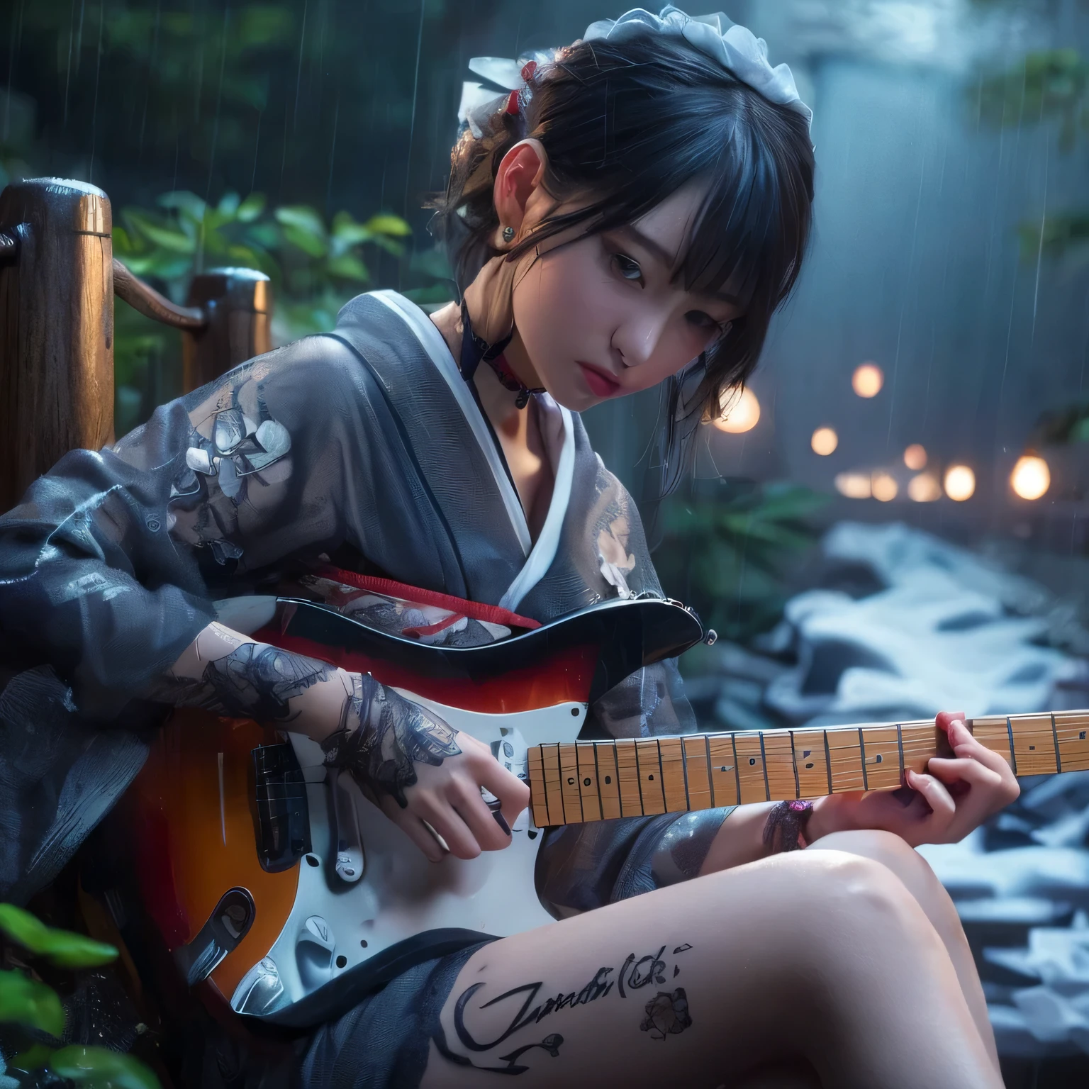 Tabletop、((Close-up shot of upper body:1.4))、(8k, RAW Photos, Best Quality, masterpiece: 1.2)、Very detailed、Super Resolution、Natural color lip、Lip gloss、Heavy eye makeup、Long eyelashes、((Sexy  maid outfit:1.6))、((Cleavage:1.2))、Gorgeous Accessories、Straight Hair、((Big :1.3))、(With the night view of a high-end nightclub as a background１.2)、(Dynamic and  pose:1.2)、(Gorgeous design:1.2)、(((Blurred Background:1.5、Cinema Lighting、【Professional photographer】)))