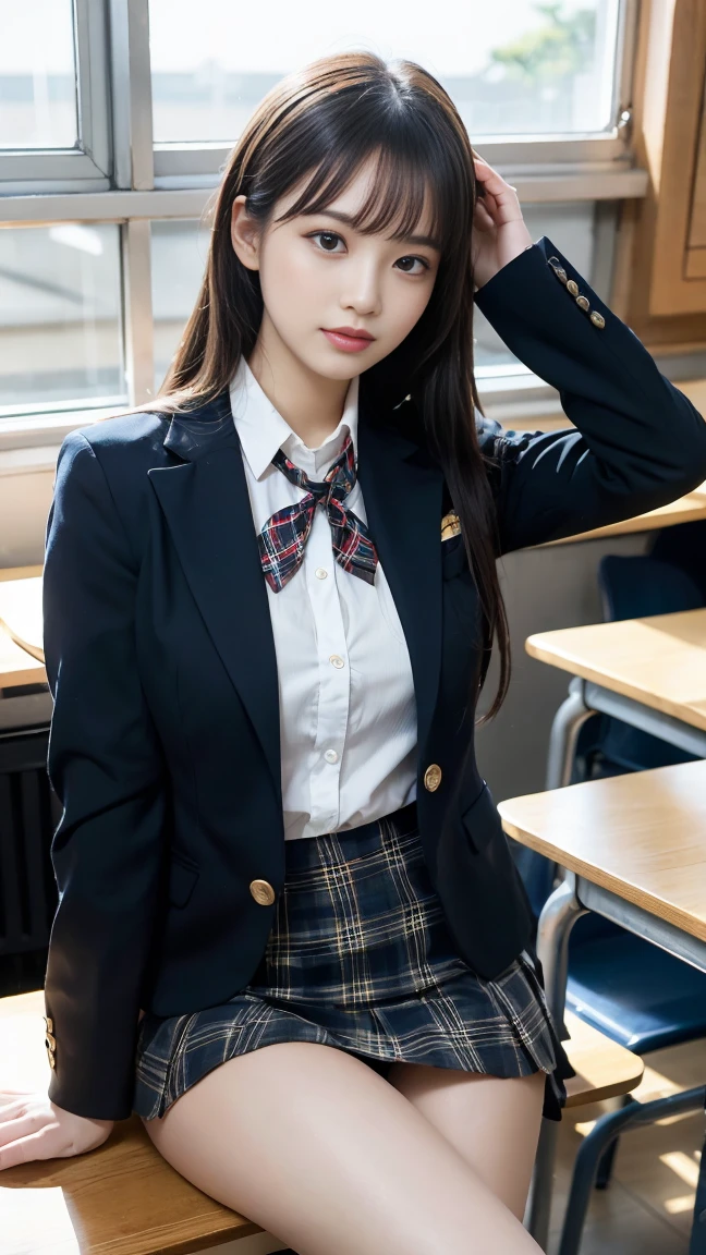 ((best qualtiy,8k,tmasterpiece:1.3)),1girll, ssmile,full bodyesbian,Slim Faces,Beautiful woman,exquisite facial features,(black suit jacket,ribbons,sockes,High School Uniforms:1.4),Super detailed face,Detailed eyes,二重まぶた,A shallow smile,blur backgroun,Inside a high school classroom,Sit at a desk in the classroom,voluptuous figure,Natural lighting,Bright light,Normal hands