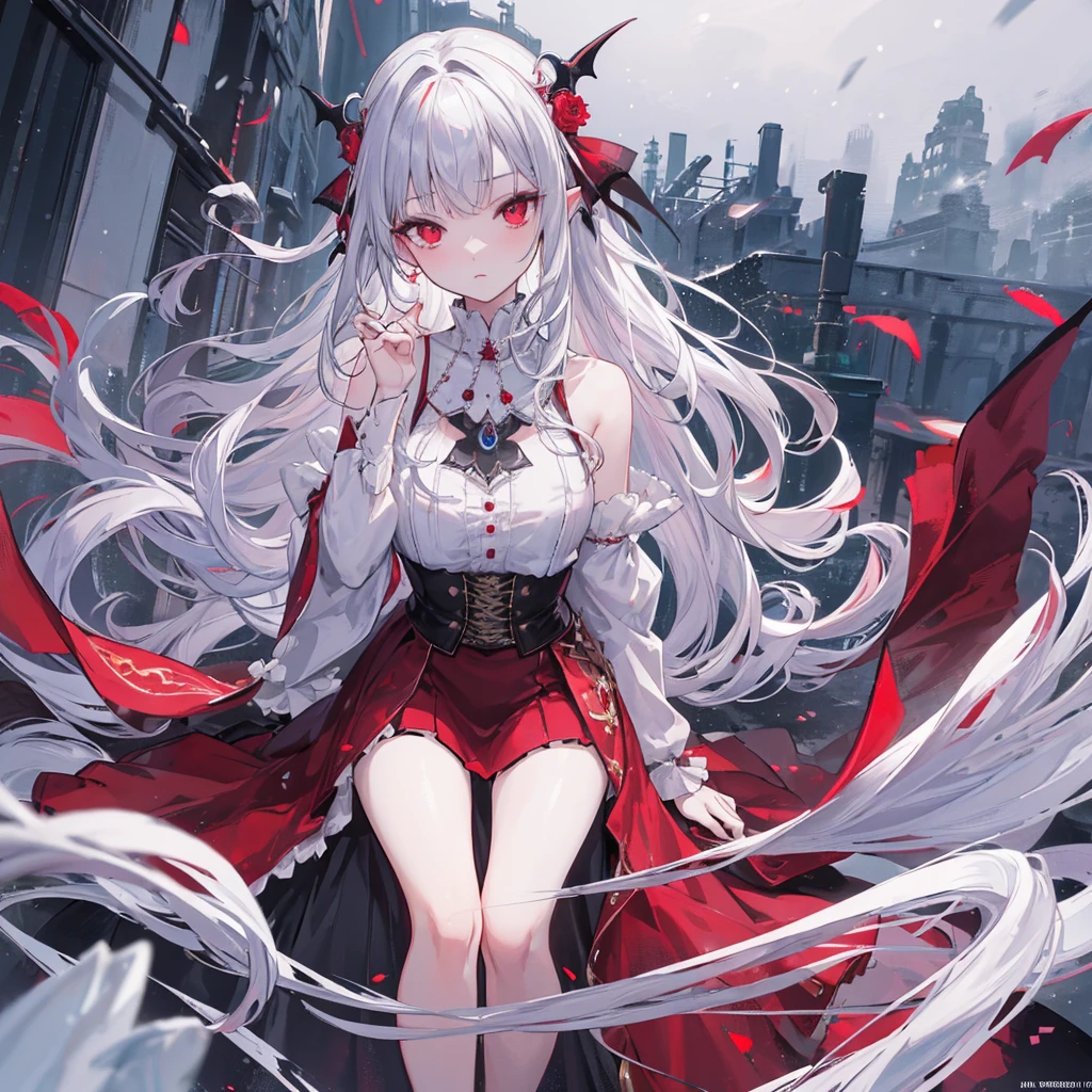 A girl waking through the snow at night, streetlamps, full body, long white hair, crimson red eyes, black dress that reveals her shoulders and a bit of cleavage.