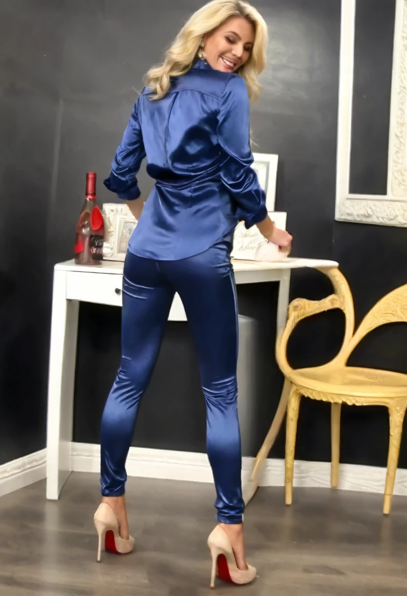 Masterpiece, ultra hd, 4k, high resolution detail, classroom background detailed, perfect lighting, sunset, 1 lady, solo shot, A ponytail lady,beautiful face detailed, eyes detailed, lips detailed, slender toned body, (thick thigh), (medium droopy breast), (rounded hips), (thick ass), perfect proportion and shape, seductive pose, back view, look at camera, fear face detailed, (long sleeve tight white-blouse tucked in), ((tight blue pastel-shiny formal trouser)), dark skin , fair skin, ((glasses)), ((white shirt)), ((closed white hijab))