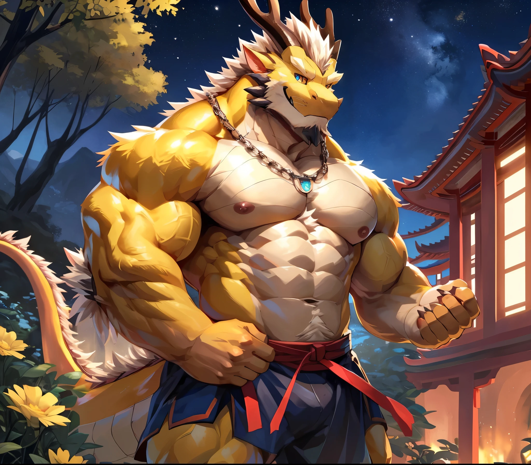 ((best quality)), ((masterpiece)), (ultra detailed),perfect face,antro oriental dragon:2.5, male , (((chinese dragon))):2.5, (((eastern dragon))):2.5,((yellow body)), (strong beefy muscular body), (abs, strongmuscles, 8 pack), furry, handsome,Beautiful and delicate eyes, (ultra detailed eyes, (mauve color):0.2 eyes, sharp eyes), night, detailed scene,full body, shirtless, topless, pink nipples, (artist: null-ghost,traver009, lindong, pino daeni), (full body), wearing random pattern necklace, claws, ((fluffy fur, fluffy, furry body)), majestic, (a pair of dragon antler), topless, muscular male, big fellow, huge body, handsome,handsome, majestic, barbarous, anime, hairy, male, A contemptuous smile,practicing martial art in the garden, background with trees and flowers,gorgeous, full view, (a long dragon tail), bulky