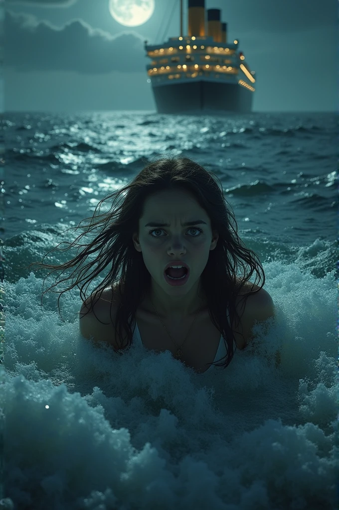 A woman falling overboard off a cruise in the middle of de ocean at night, drowning and panicking