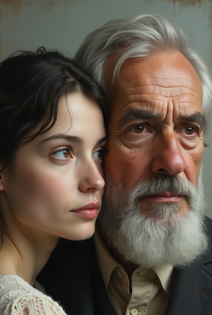 A double portrait, unfinished sketch in the style of Jan Matejko, showing a seated mature strong man accompanied by a young woman. The dark background gives the impression that their faces are emerging from the darkness. His face is that of a strong and determined man, with streaks of gray appearing in his thick hair and beard. Bushy, thick eyebrows cast a shadow on the eyes, which radiate vitality and energy. The wrinkled skin of his face gives him an expression of life experience. Her face is a contrast. She is delicate and her beautiful brown eyes look at the old man with love and respect.
Negative prompt