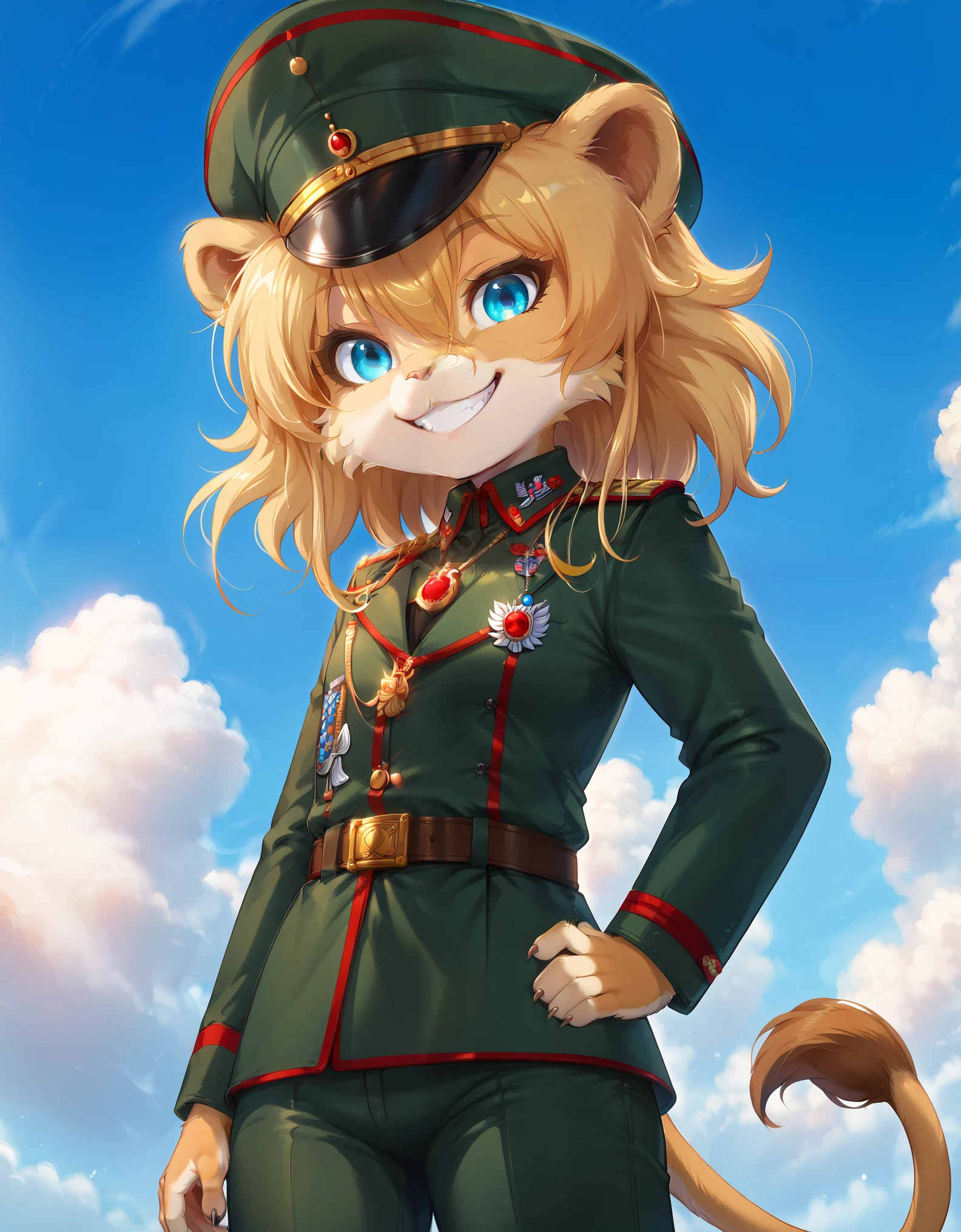 twokinds, tkstyle,, score_9,score_8_up,score_7_up, young, (****), lion girl, lion tail, yellow hair, Tanya Degurechaff, blue eyes, Baby, looking at viewer, smile, 1girl, lion ears, furry female, ((military hat, military uniform,red pendant, belt,pants,evil smile,)), military base, clear sky, looking at viewer, solo, anthro, cheek tuft, facial tuft, uperbody, evil smile,