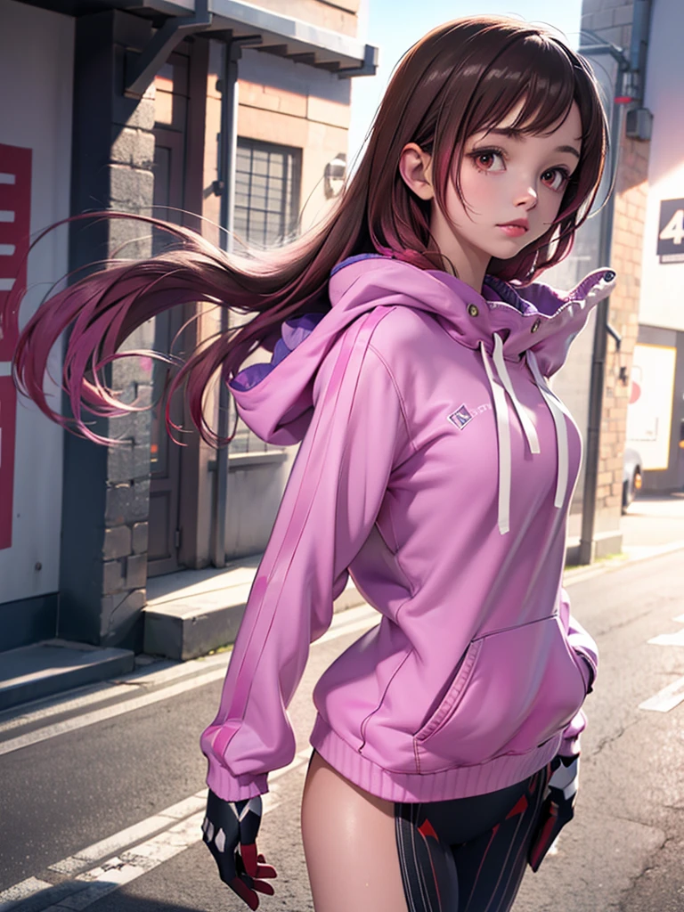 masterpiece, best quality, highres, aaroboco, android, long hair, gradient hair, mechanical arms, mechanical legs, hood, hood down, pink hoodie, long sleeves, gloves, standing, cowboy shot, street,