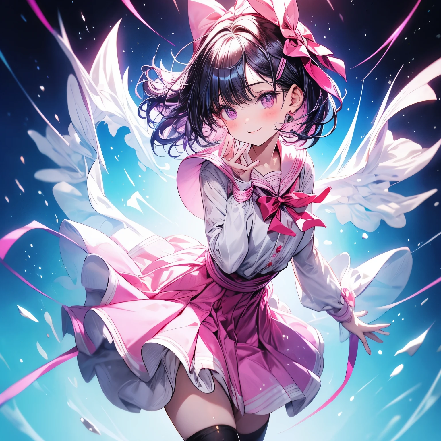 Anime girl wearing short brown hair and wearing a biniki outfit with a short skirt by her panties her eyes are blue and a pink flower on her head full body and white screen
