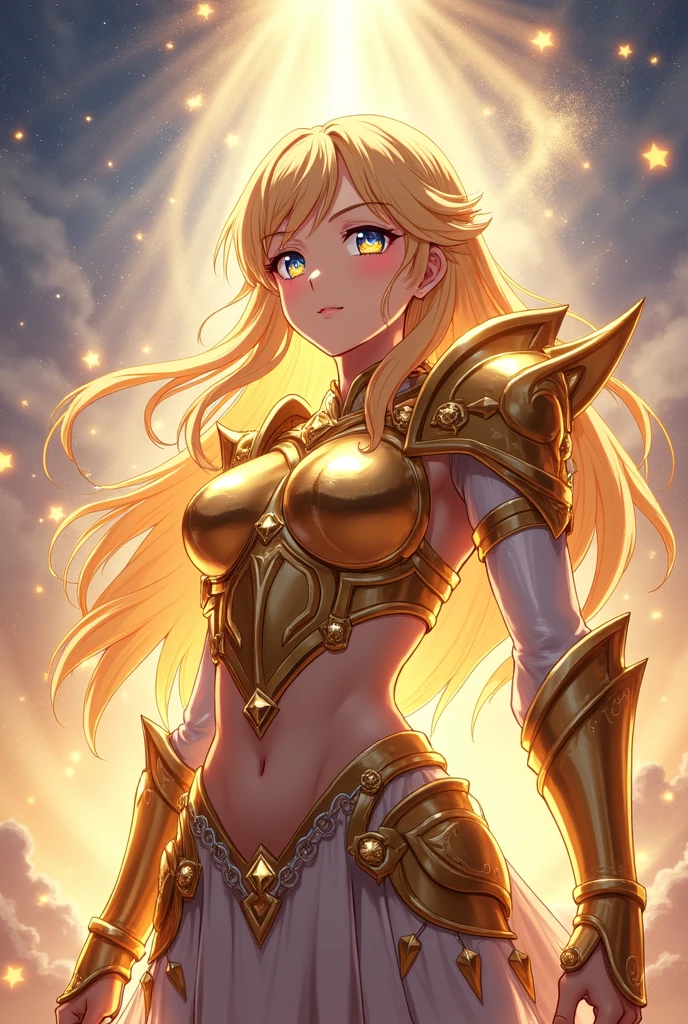 A semi-human girl in anime style, She wears a mini skirt and revealing armor. He holds a giant axe in one of his hands. She is very pretty and sexy. The lighting is soft, highlighting her facial features.. Surrounded by a golden electric aura and magical runes, which gives it a divine presence.