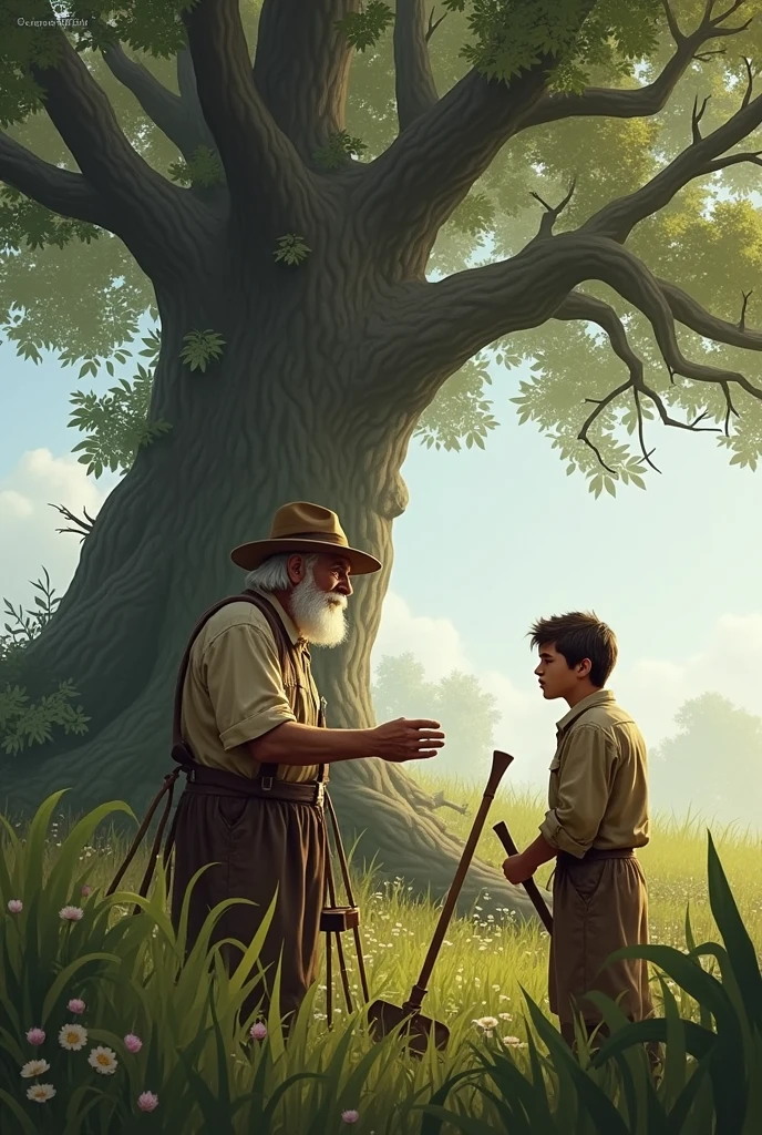 A farmer doing at fields and one boy eating meal in the tree
