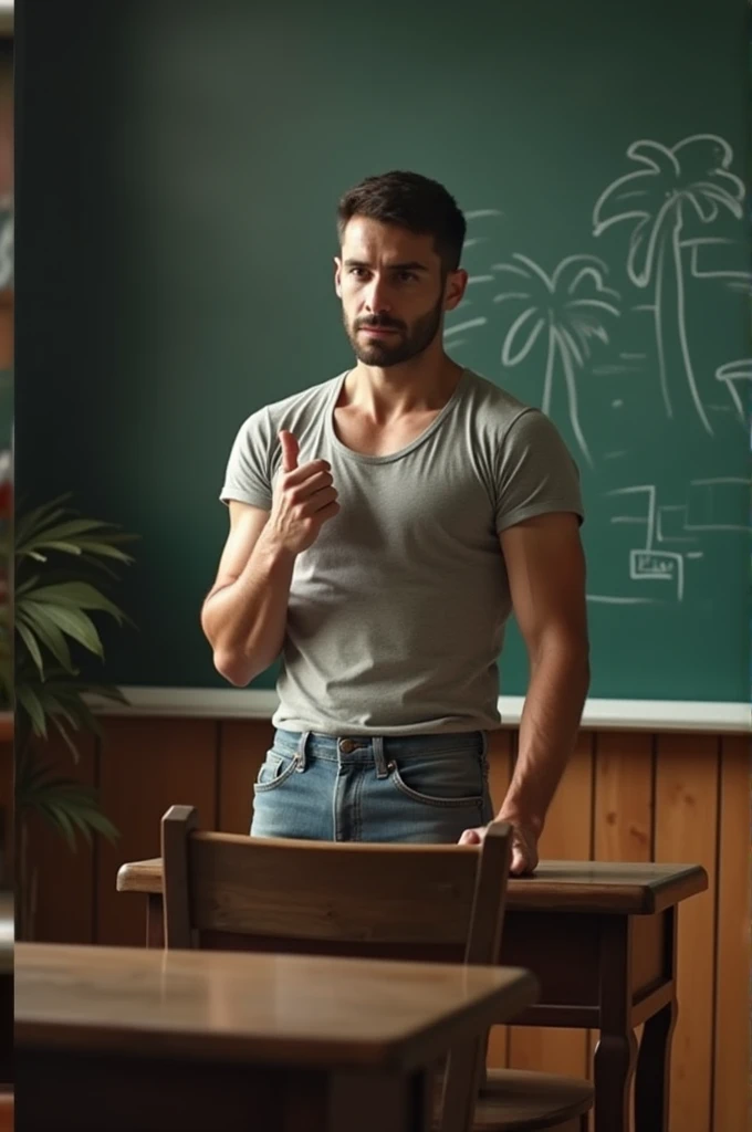 Photo realistic image of handsome muscular hairy  white teenager in classroom wearing tight uniform breaking out 