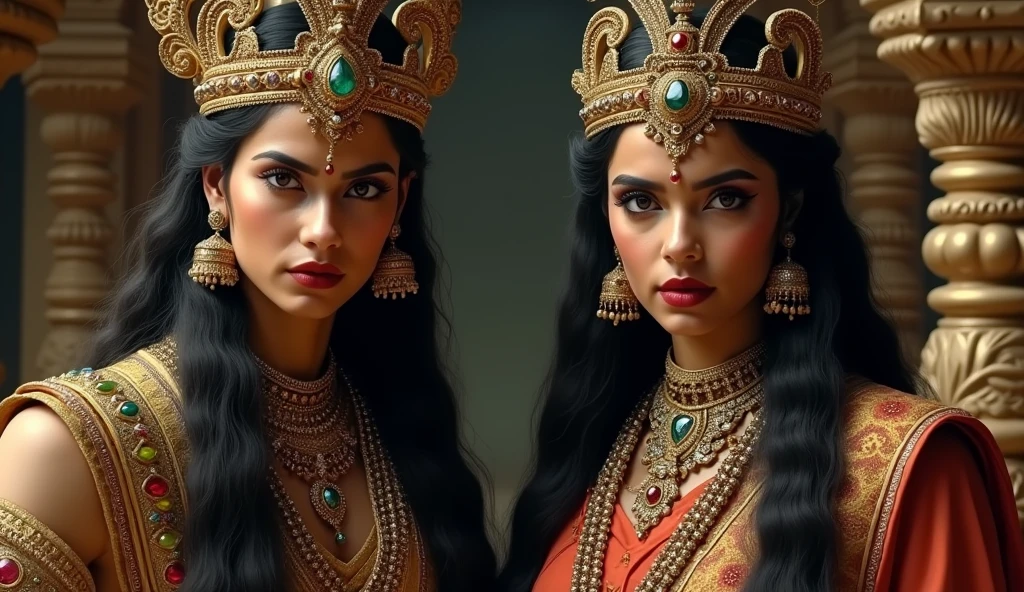 a close up of two women in traditional clothing with a red background, hindu gods, hindu art, beautiful godrays, indian god, from ramayan, indian art, eye level view, hindu god, vishnu, devainart, digitally enhanced, beautiful image, hindu aesthetic, attractive male deity, profile pic, hinduism, version 3, full of colors and rich detail