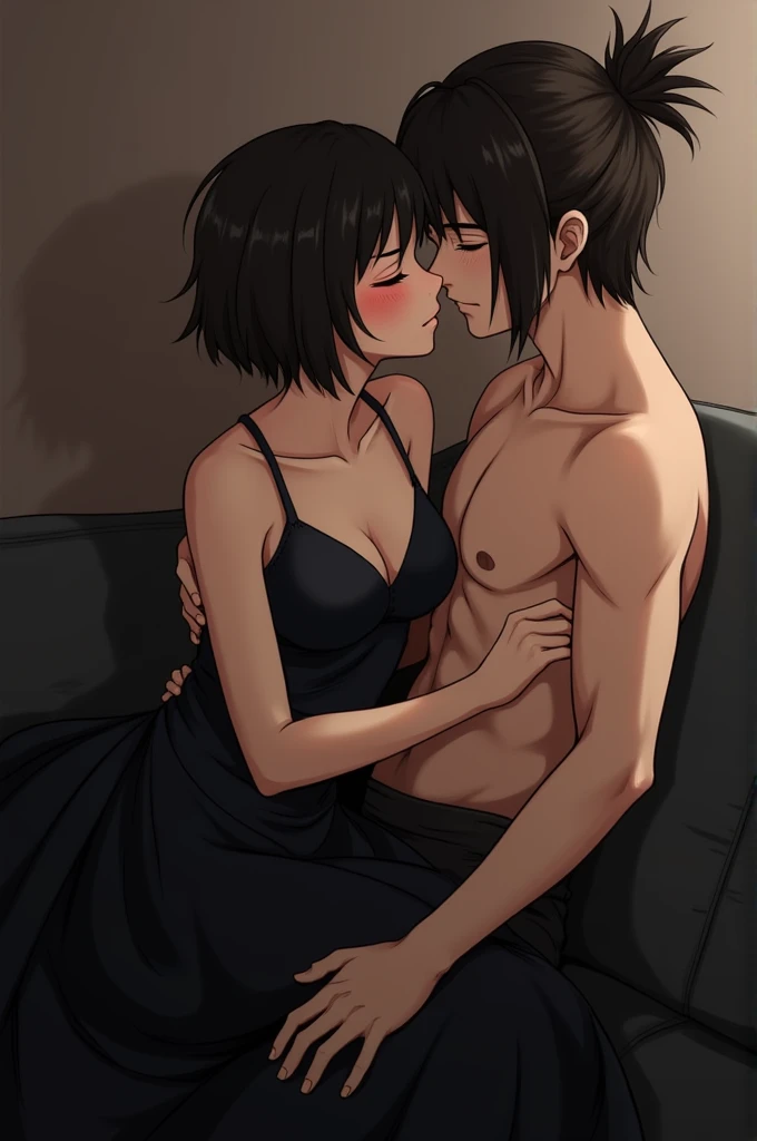 shinkai makoto, kimi no na wa.,1boy, buzz cut,nude, closed eyes, muscular, passionate hug,  1girl, bangs, black hair, blush, red bow, red headband, red ribbon, short hair, deep kiss, tongue kiss, saliva, indoors, rape, bedroom, sit on bed, sex, pink bra, pink panties, 