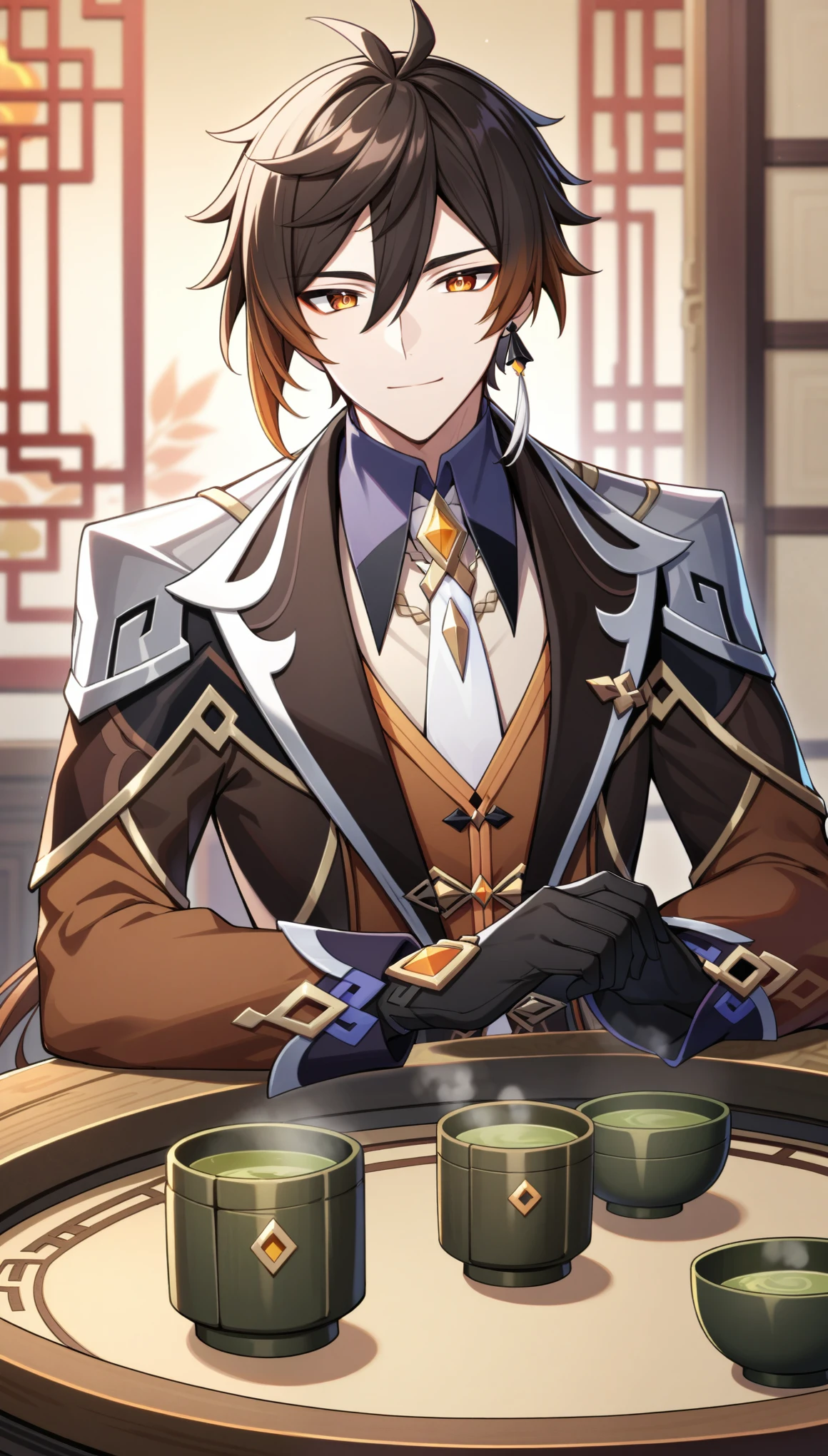 masterpiece, anime, 1boy, 1male, mature male, male focus, solo, Zhongli, Genshin_impact, beautiful and detailed eyes, clear eyes, warm smiling, looking at you, long sleeves, having tea in yunomi, sitting at table, Chinese room,