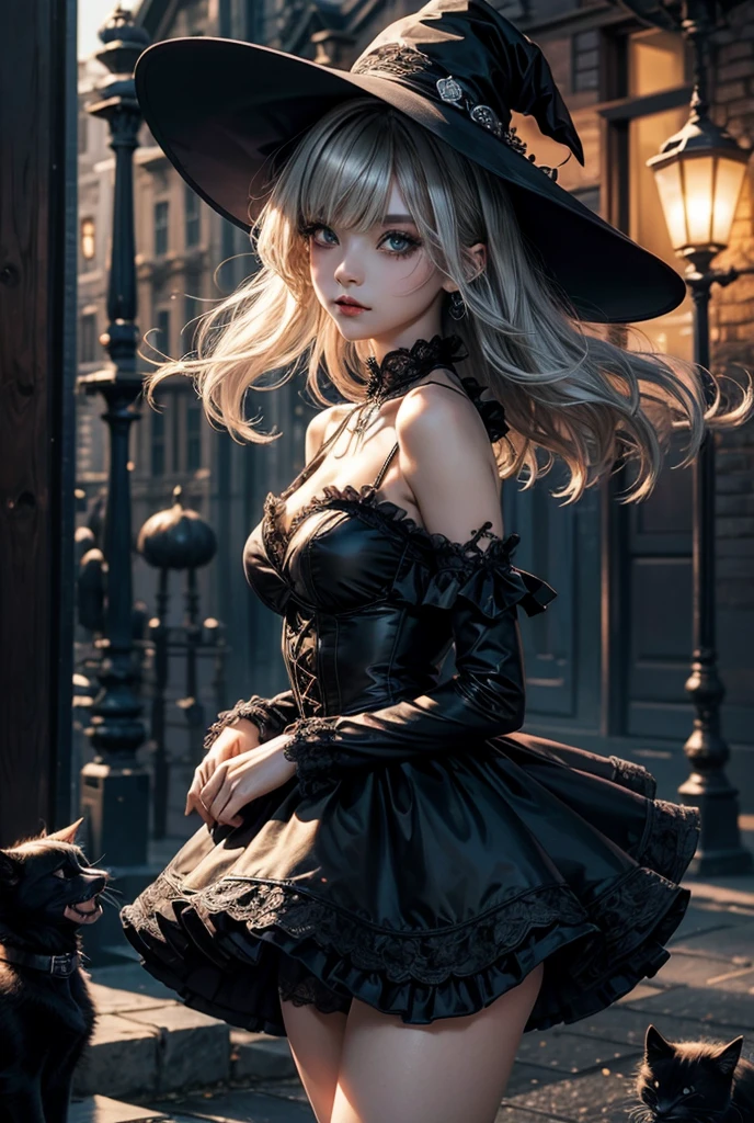 1 girl, expressionless, Japanese face, 16 years old, cute girl, have one's hair cut in a row and Hide your forehead with bangs and hairstyle with the bangs cut in half and Beautiful straight light gray long hair, beautiful yellow and golden eyes, thin body, No muscles, Roses and Camellia, Moonlight and Castle, wizard, Big magic wand, gothic skirt, magical girl, little Medieval Dress, Princess Dresses, Big black hat, light particles, light sparkles, lens flare, Light particles, Magic light, strong light