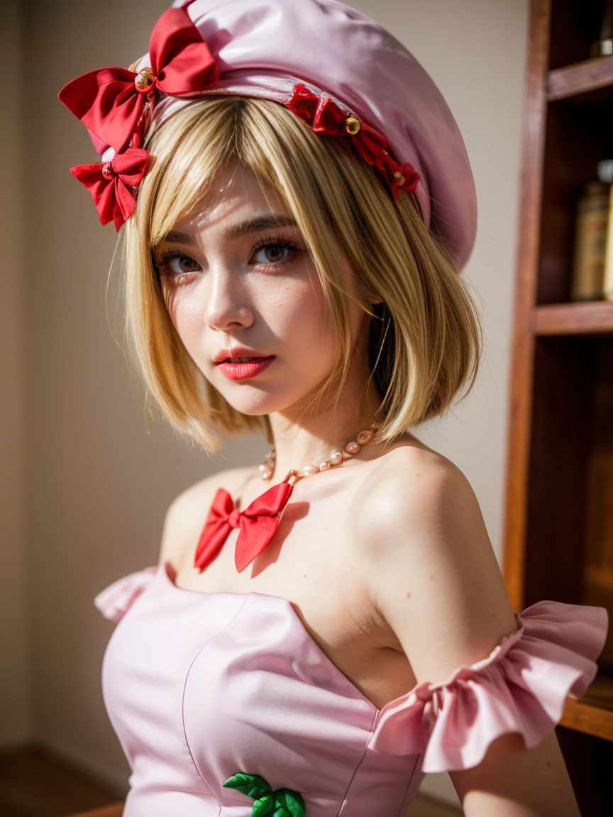 (1 lady), The beautiful, (Best quality at best:1.4), (ultra - detailed), (extremely detailed CG unified 16k), gold blonde hair, very detailed, High-definition RAW color photo, professional photoshooting, amazing face and eyes, cosmetics, (amazingly beautiful girl), ((lambdadelta, tall woman, taller)), ((dress, red bow, pink hat, necklace, gloves, pearl, pink dress)), standing, realistic cinematic face, photo portrait, upper body (shoulders to head), photorealistic, ((realistic natural blonde hair style, red eyes)), gorgeous, extremely beautiful face, perfect model beauty, pout mouth, flirting smile, cleavages, city girl, western, (masterpiece), best quality, high resolution, extremely detailed, blurred background, depth of field, cinematic lighting, clear and well-cared skin