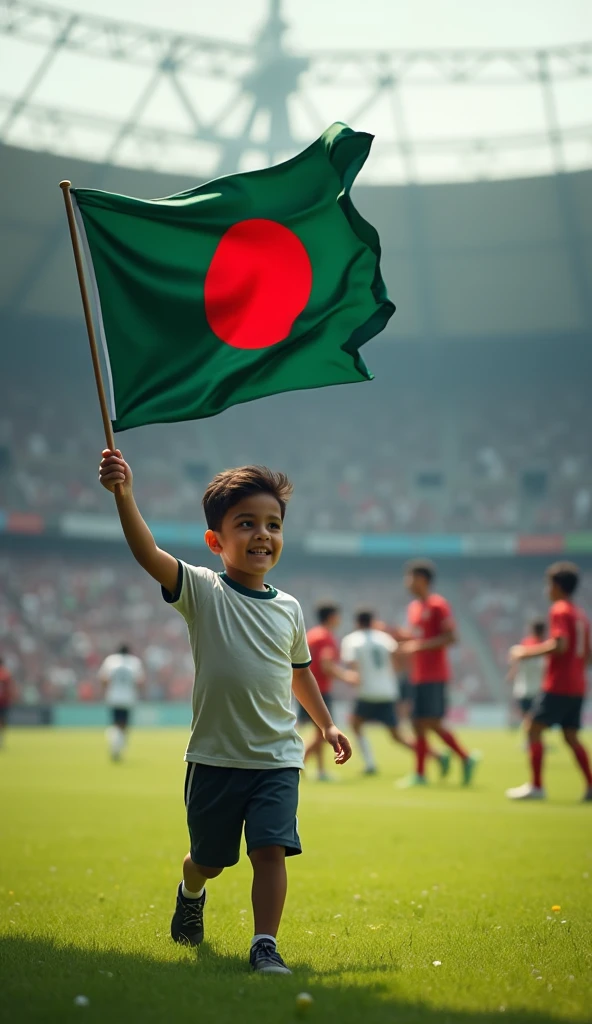 Front view of a boy raising the flag of Bangladesh in the air infront of many people