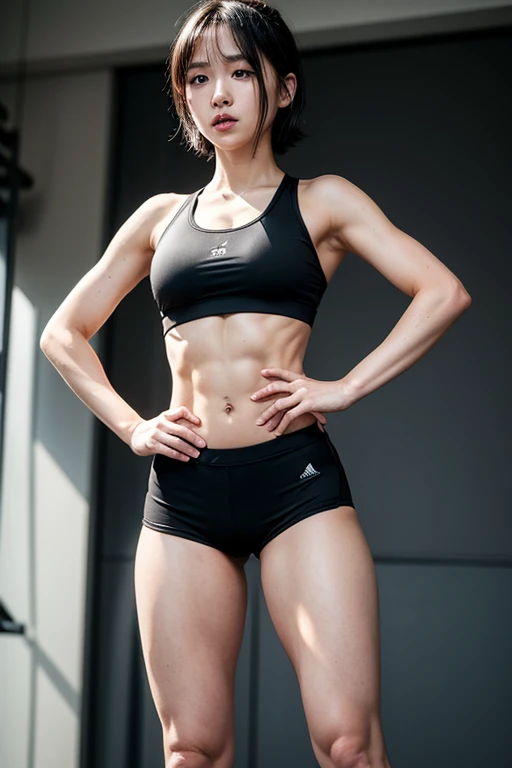 (solo), (a detailed full body RAW photo of a girl), (masterpiece:1.0), (best quality:1.4), (ultra highres:1.2), (photorealistic:1.4), 8k resolution, Canon EOS R5, 30mm, absurdres, ultra detailed, (30year old), sharp focus, cinematic lighting, detailed beautiful face, (no make up:1.2), (ulzzang-6500-v1.1), figure, detailed skin texture, (skinny and fit body:1.6), detailed brown hair, sweltering,(short hair:1.5), very thin see-through wear, (very small and simple and fit nike athletic wear with spandex half tihgts:1.5), low rise, realistic glistening skin, (sweating:1.45), detailed nipples texture, (no bra:1.5), dynamic pose, (bikini tan:1.2), track and field,(erect nipples:1.3), (full body), sports shoes,(smile:1.3),(six pack:1.4),(athlete),